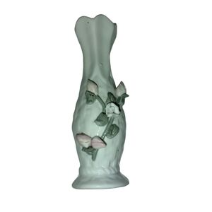 Vintage Hand Painted Flower Vase Porcelain Raised 3D Pink Rose Bud Leaves China